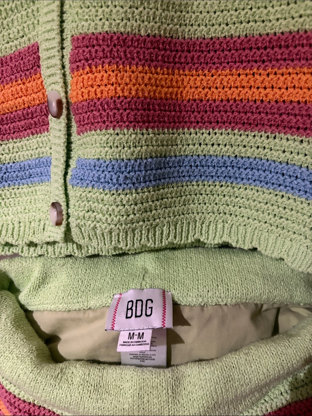BDG UO Lime Green Crochet Button-Front Vest and Matching Striped Shorts - Picture 3 of 3